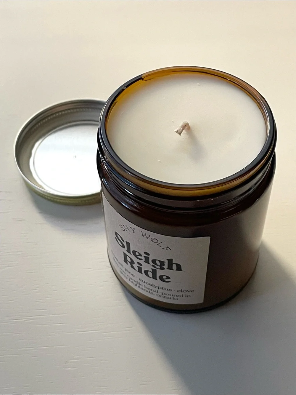 Shy Wolf Sleigh Ride 8 oz candle unused frosted pine eucalyptus clove